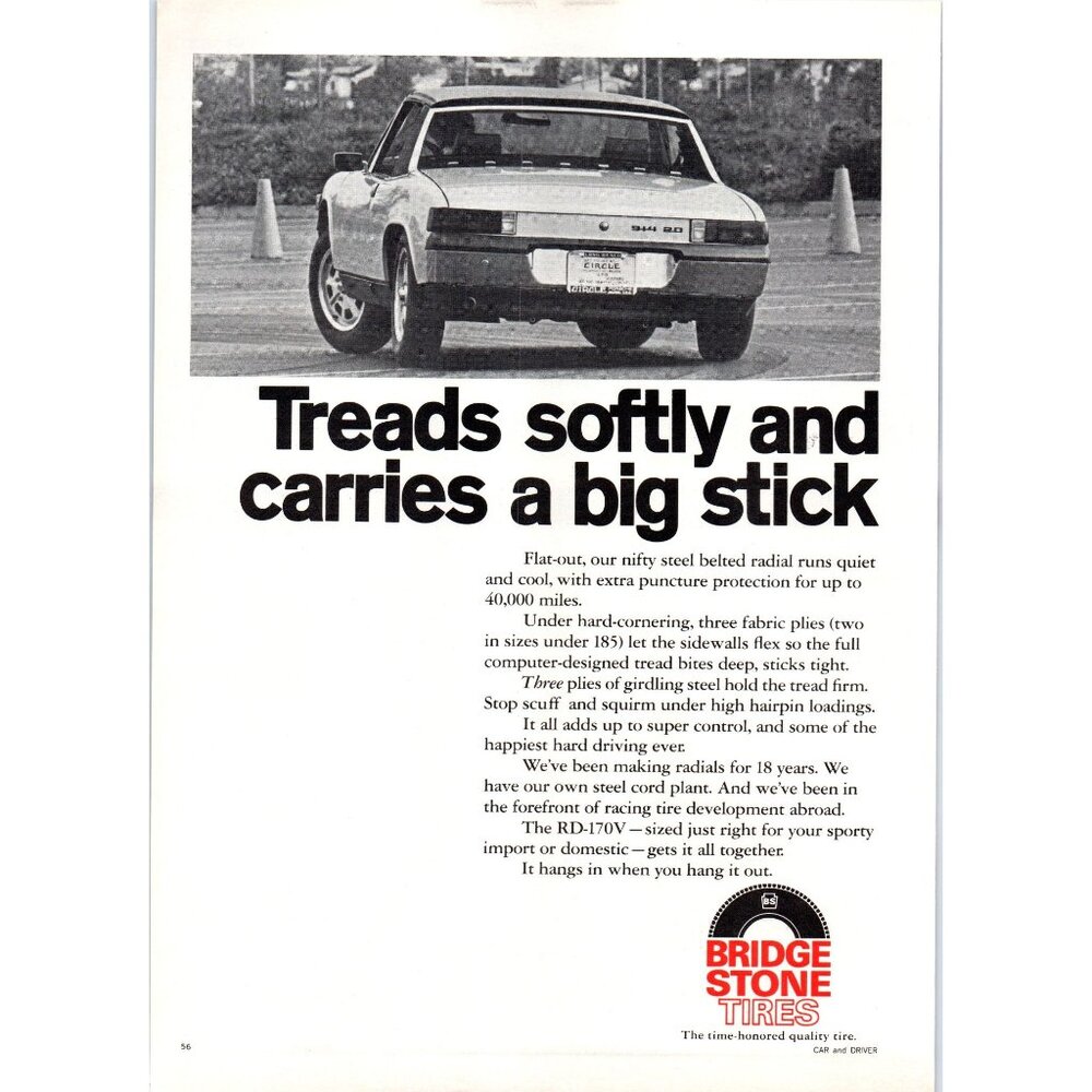1973 Bridgestone Radial Tires Porsche 914 Targa Vintage Print Ad 70s Wall Art